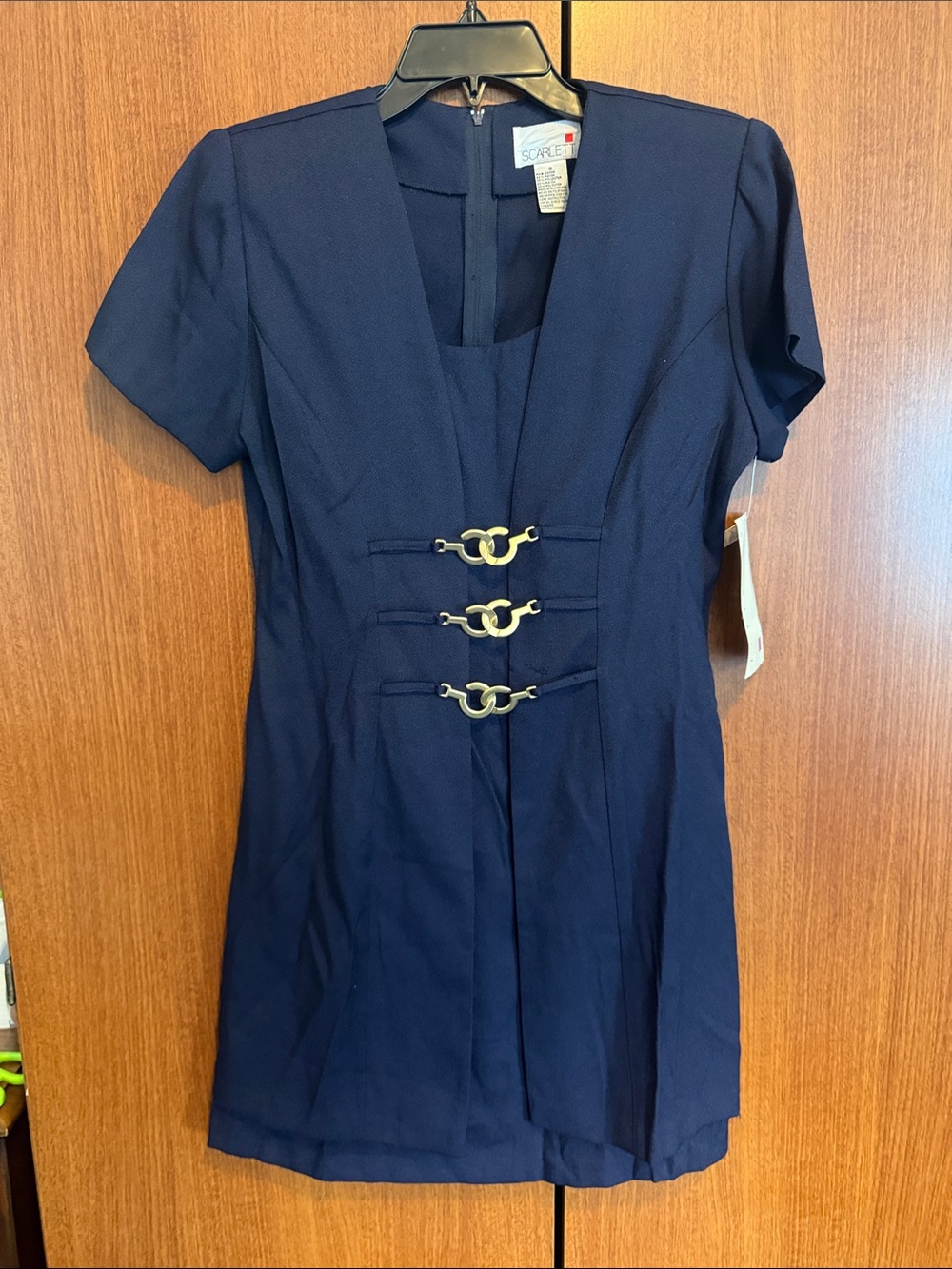 Vintage 1990s Scarlett Navy Short Sleeve NWT Gold Hardware Midi Dress